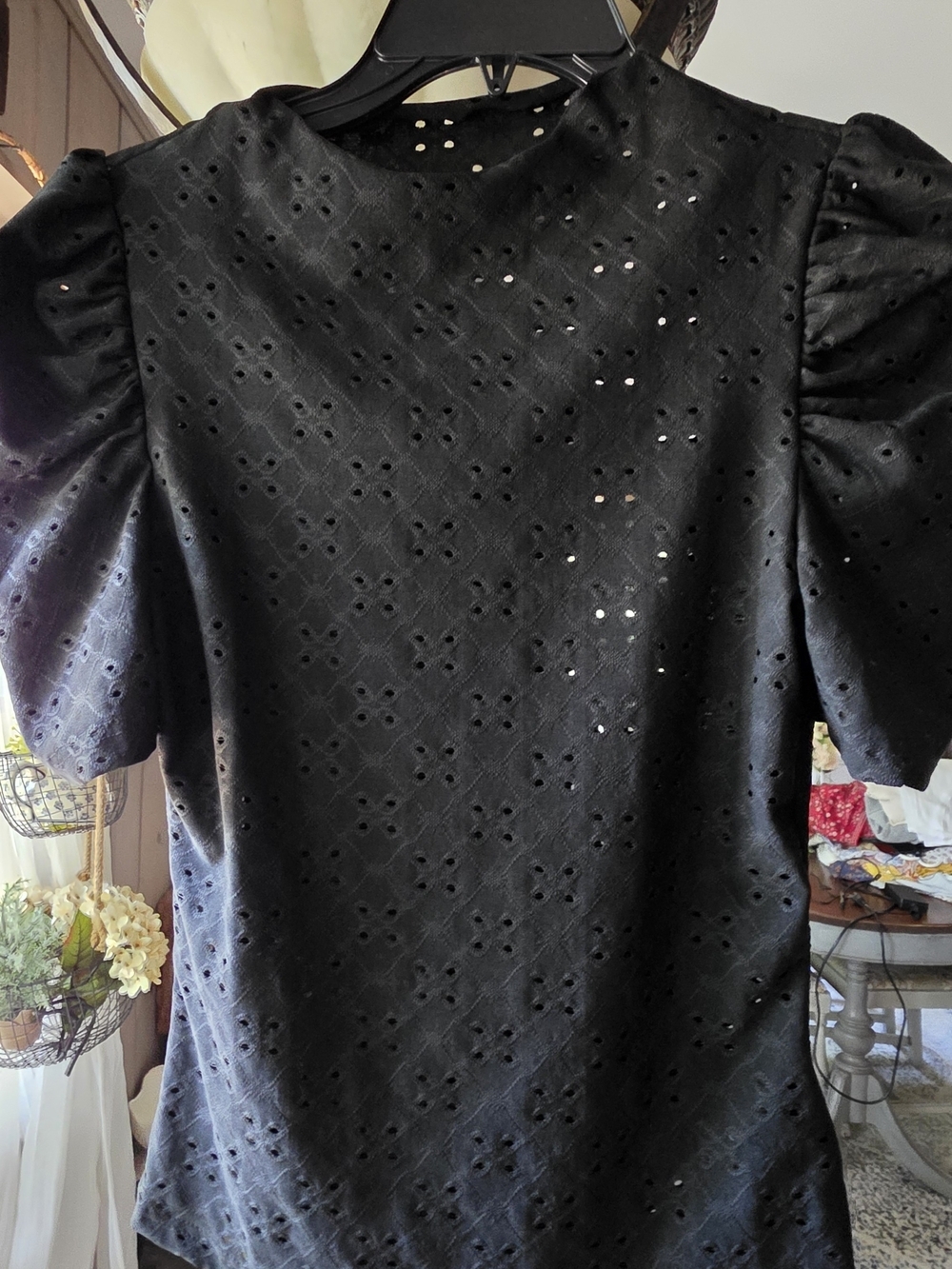 SHEIN Black Eyelet Puff Sleeve Blouse